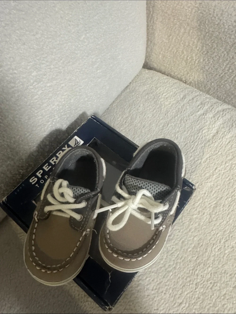 Sperry Grey & White Baby Boat Shoes with Green Accent